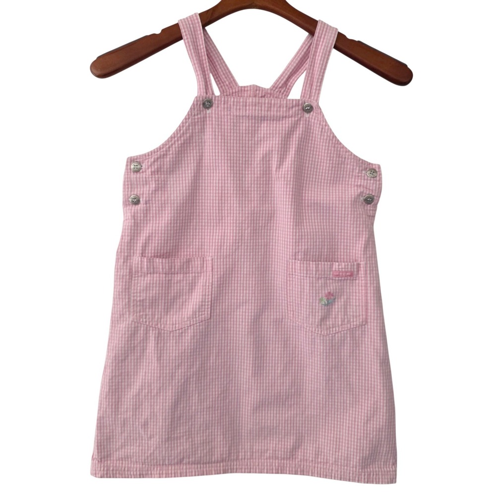 VTG Y2K OshKosh Genuine Girl Pink Gingham Jumper Overall Dress Cotton‎ Sz M 8/10